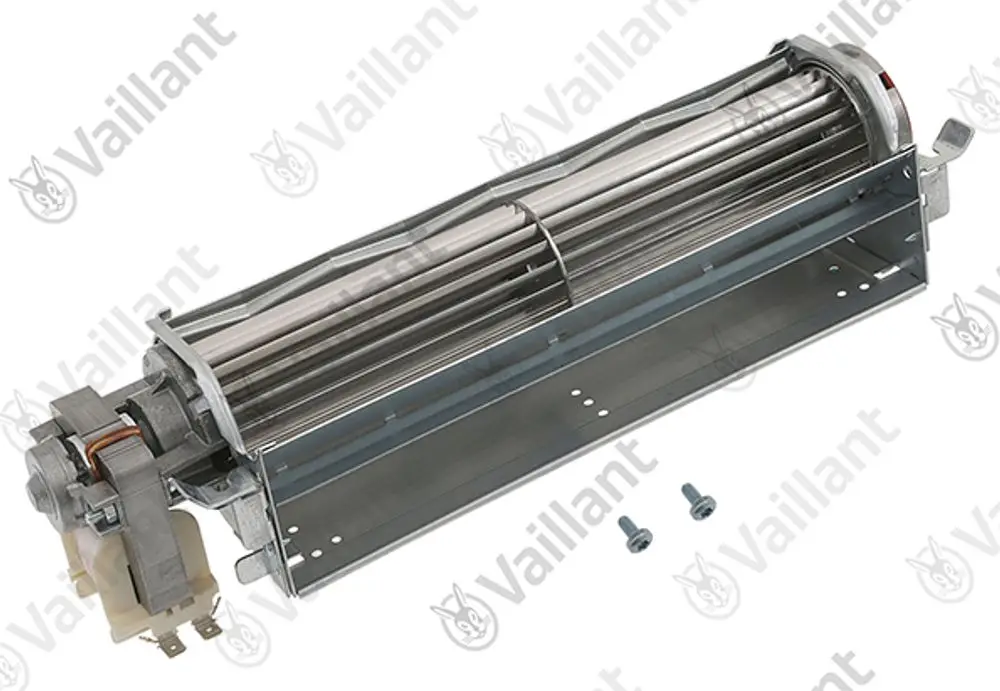 Vaillant Querstromlüfter mit einem Metallgehäuse und mehreren Lüfterlamellen, montiert auf einer geraden Basis, inklusive zwei Schrauben für die Befestigung.